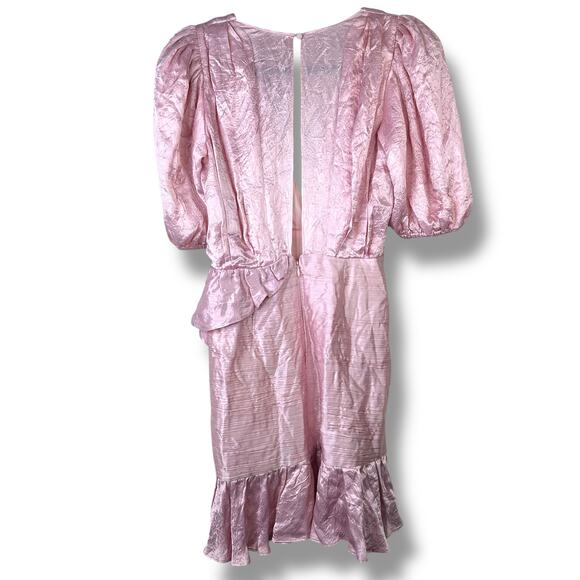 RONNY KOBO NWOT Blush Pink Satin Mindy Puff-Sleeve Faux Wrap Flounce Mini Dress - Picture 11 of 12
